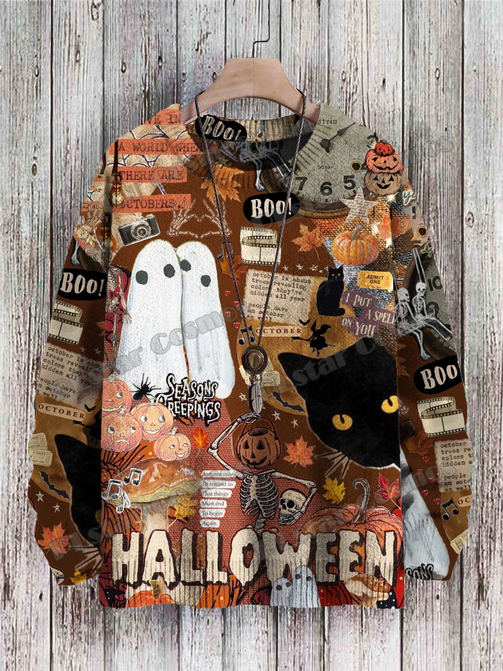 Halloween Ghost With Cat & Vintage Cat Pattern 3D Printed Mens Knitted Pullover Winter Unisex Casual Knit Pullover Sweater ZZM62