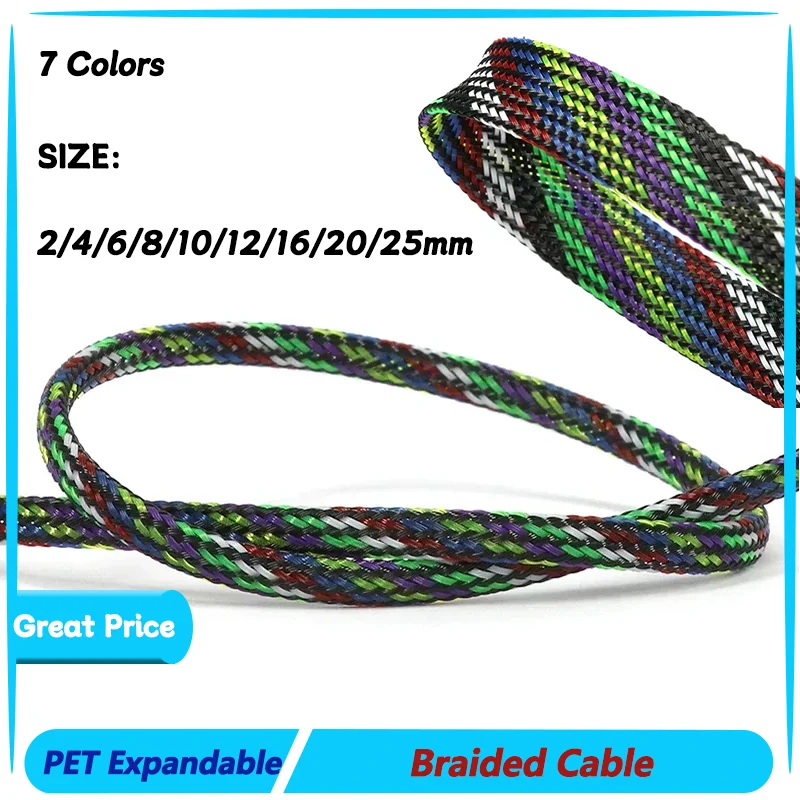 

PET Braid Sleeve High Density 2/4/6/8/10/12/14/16mm Sleeving Snake Skin Cable Wrap Sheath For Electric Cables 1~50m 7 Colors