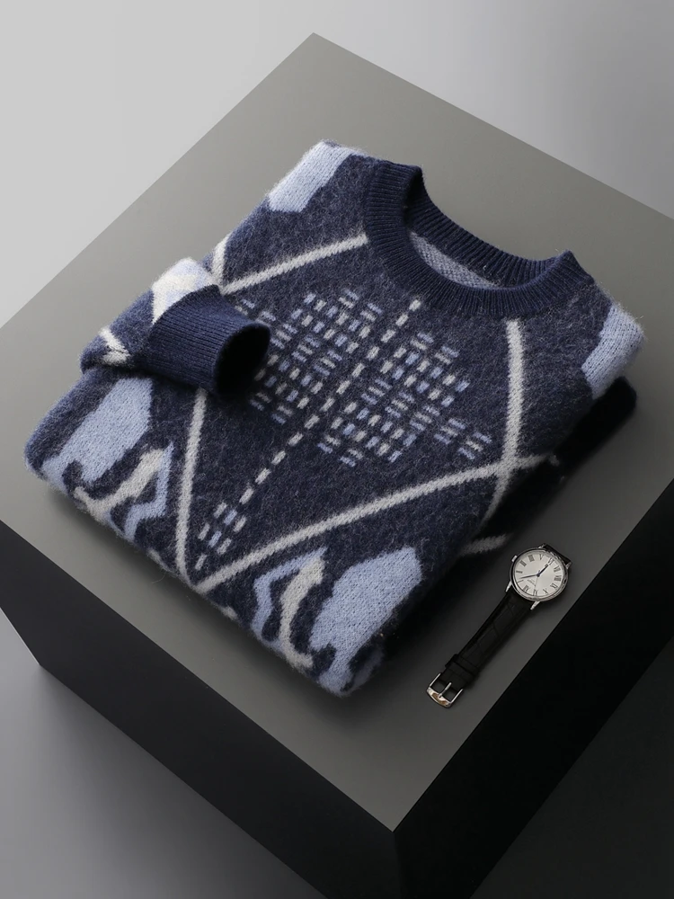 

Retro Jacquard Sweater 100% Merino Wool Knitted Men's O-neck Pullover Thick Autumn Winter Smart Casual Cashmere Long Sleeve Tops