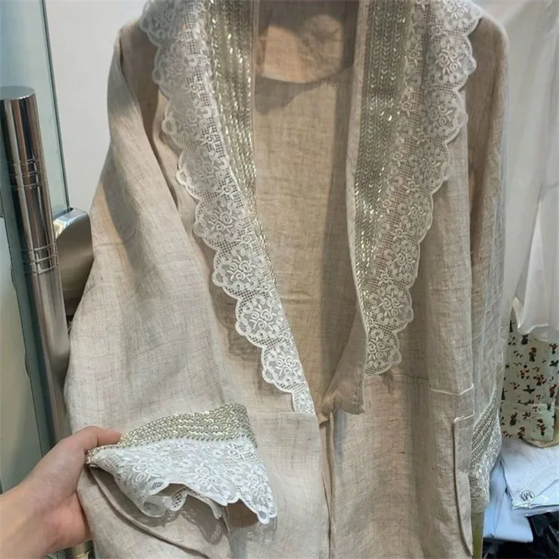 Spring Summer Women Cotton Linen Sequins Jacket Long Sleeves Lace Patchwork Coat New Chinese Vintage Outerwears