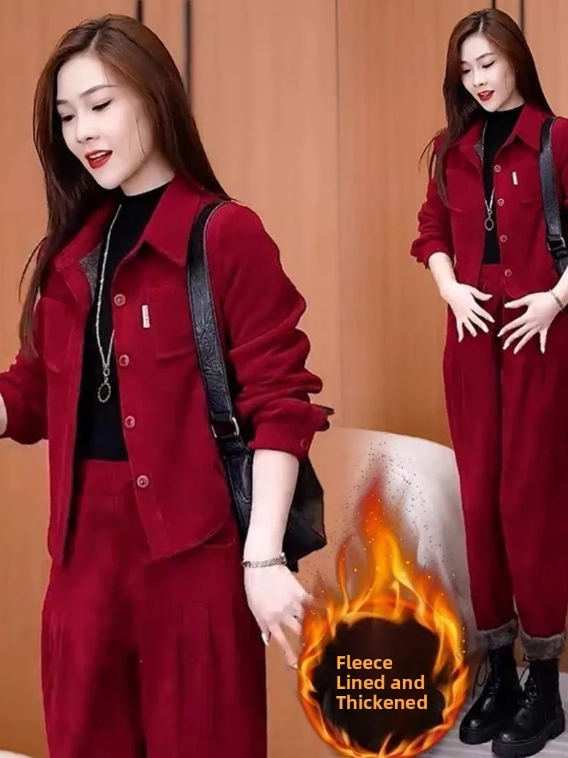Fashionable Casual Women's Winter Thickened Fleece Slimming Two-Piece Set Single Button Closure Warm Comfortable Autumn Winte...