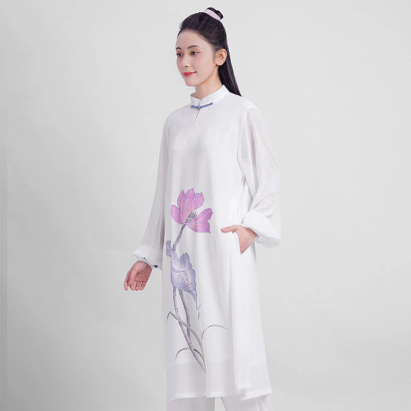 Women's 2026 Spring Summer Long Sleeve Tai Chi Set - Comfortable Breathable Printed Ramie Gauze Outfit for Martial Arts Practice