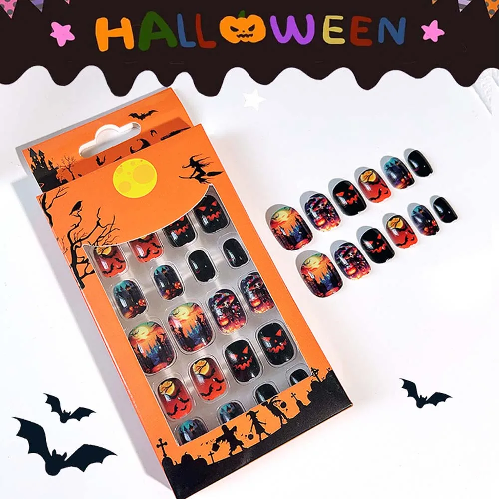 24Pcs/set Bat Spider Web Children Halloween False Nails Ghost Full Cover Nail Art Tips Kids Cartoon Fake Nails Pumpkin