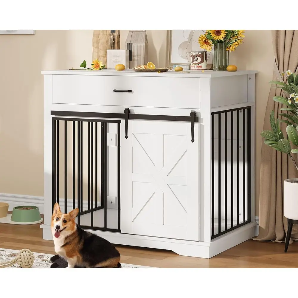 

Medium-Sized Heavy-Duty Dog Crate with Wood-Style Side Table and Storage, Suitable for Dogs up to 35 Lbs
