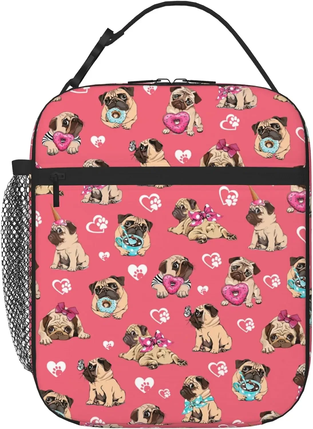 Pink Pug Insulated Lunch Box for Kids Girls Boys Pug Dogs Print Reusable Lunch Bag Leakproof Meal Bag Thermal Cooler Bento Bags