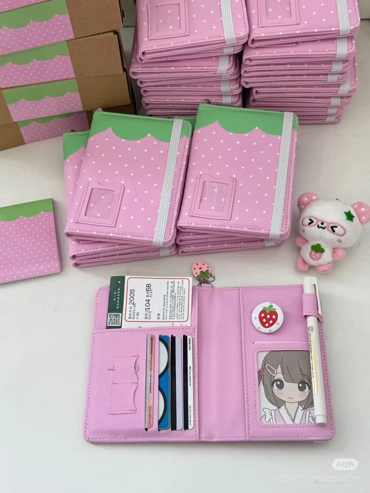 New Original Strawberry Passport Holder Cute Polka Dot Document Bag Protective Cover Multi-functional Portable Card Bag To Store
