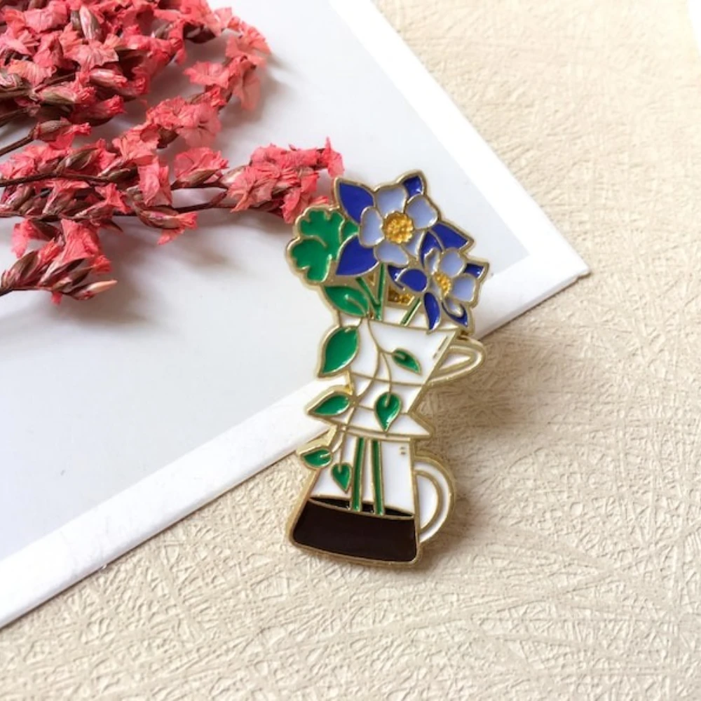 الزهور والقهوة المينا دبوس/شارة عشاق القهوة/دبوس التلبيب/دبوس طوق/مجموعة دبوس المينا مضحك/هدية عيد ميلاد لها/له