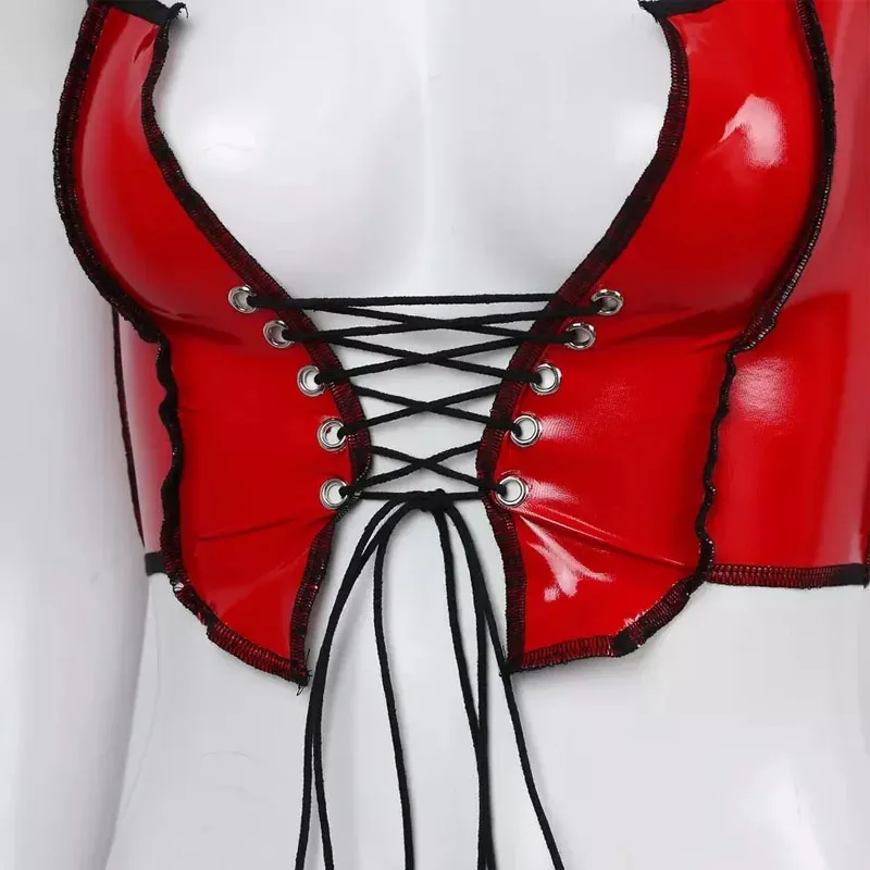 Diepe V-hals Rode Spiegel Glanzend Leer Crop Tops Strak Vest Trekkoord Vastbinden Jarretel Korset Hol Bustier Cropped Gothic