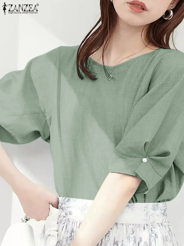 ZANZEA Korean Women Summer Blouse Vintage Solid Office Party Tops 2024 Elegant Puff Half Sleeve Shirt Casual Simple Blusas Femme