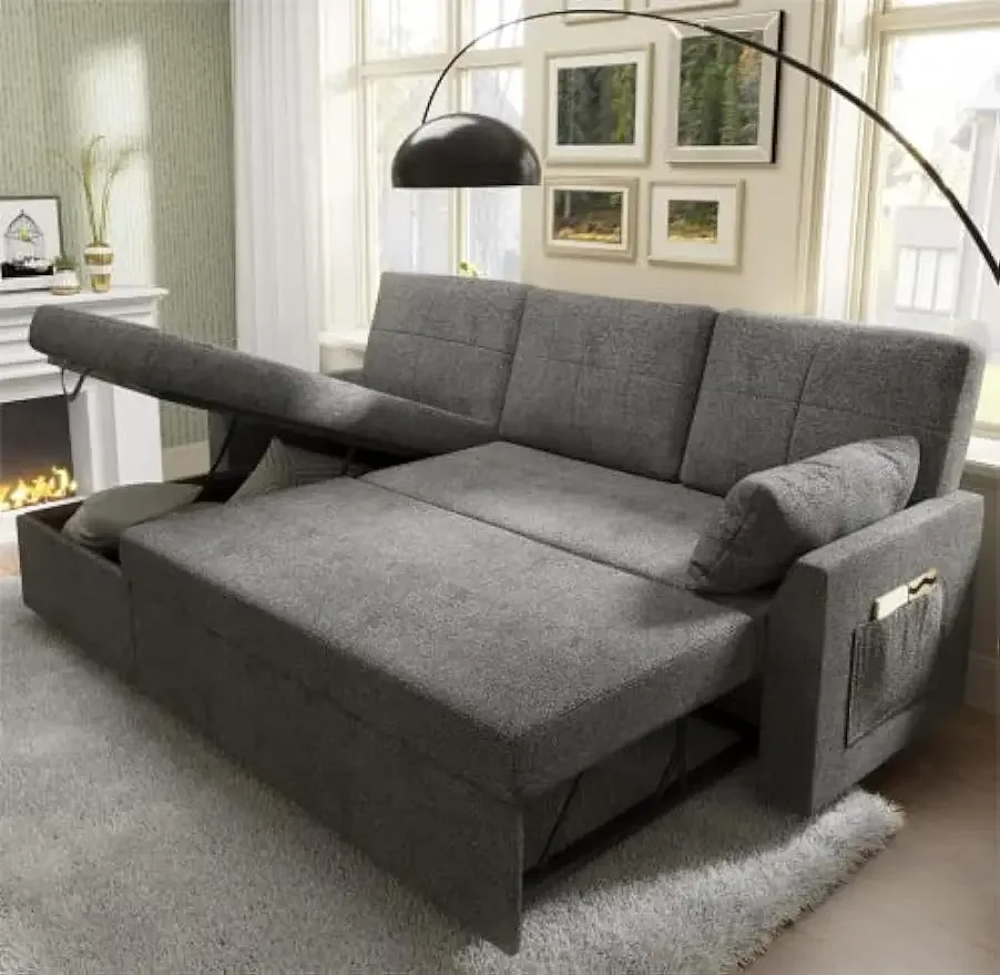 

Sofa Bed, 2 in 1 Pull Out Couch Bed with Storage Chaise for Living Room, Sofa Sleeper with Pull Out Bed, Gray Chenille Couch