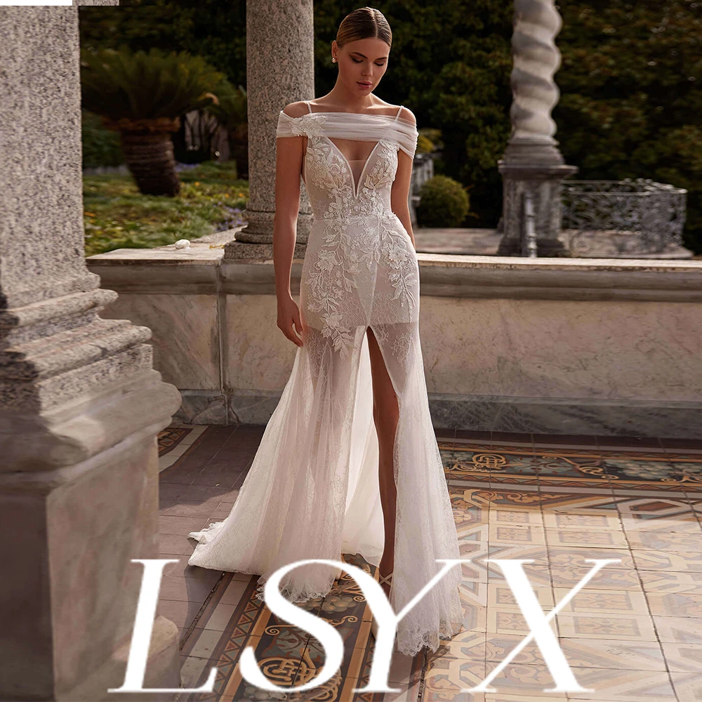 

LSYX Customized Lace Mermaid Wedding Dress OffShoulder HighSlit SheerDecor DeepVNeck RomanticElegant Style BridalEventCompatible