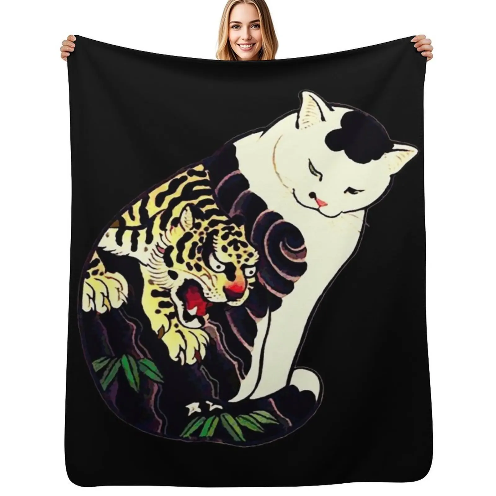 

Antique Japanese Woodblock Print Cat with Tiger Tattoo Throw Blanket Hair Warm Multi-Purpose Heavy Blankets