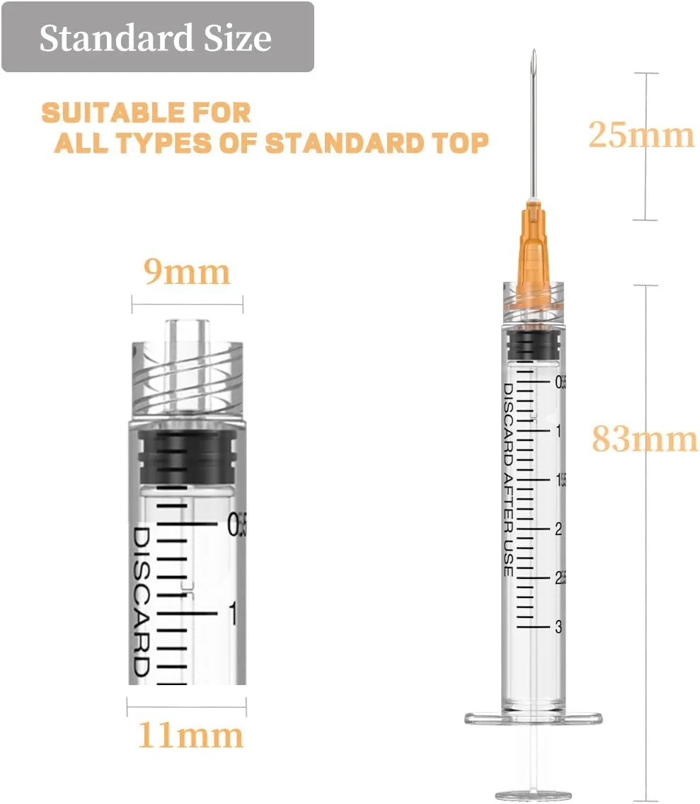 3ml Luer Lock Syringe with 25G 1Inch Needle Disposable Liquid Transfer Tool Syringes for Lab Farm Pet Industrial Use