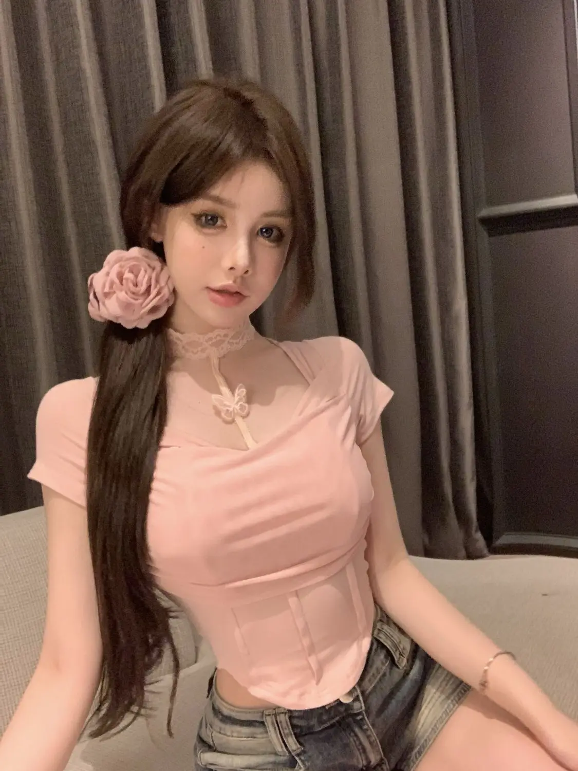 French Short Sleeve With Neck Hanging Sexy Mature Lace Bow Design Short-Sleeved T-Shirt Female Summer Sweet Spicy Thin
