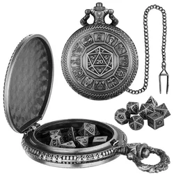 7 x Metal Polyhedral Dice Old Fashion Pocket Watch Case with FOB Chain Table Role Play Dragon Gaming Accessory Dices Set