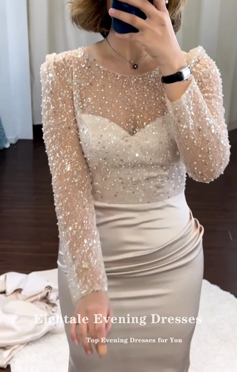 Eightale Luxury Evening Dresses for Women 2023 with Detachable Skirt Shiny Champagne Long Sleeves Satin Mermaid Party Prom Gown