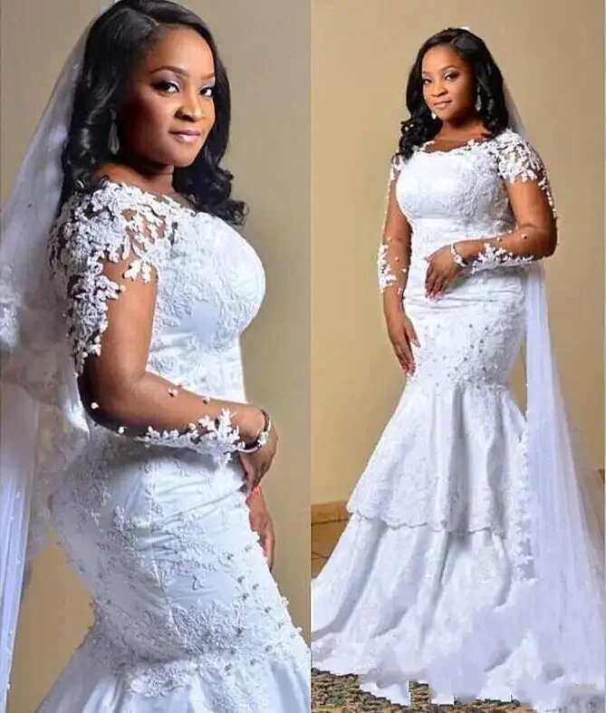 

Customized Elegant Sleeve Mermaid Dress Pear Beaded Shee Neck Lace Appliqued South African Tiered Long Train Wedding Gown