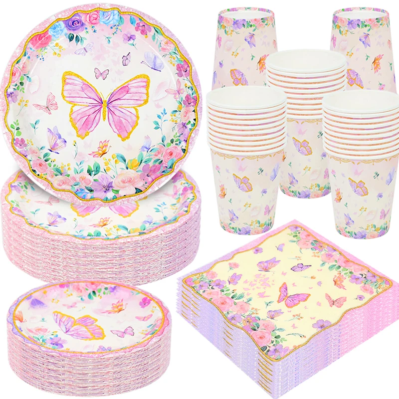 Schmetterling Party Einweggeschirr Set Rosa Lila Schmetterlinge Pappteller Servietten Für Mädchen Geburtstag Party Baby Dusche Dekor