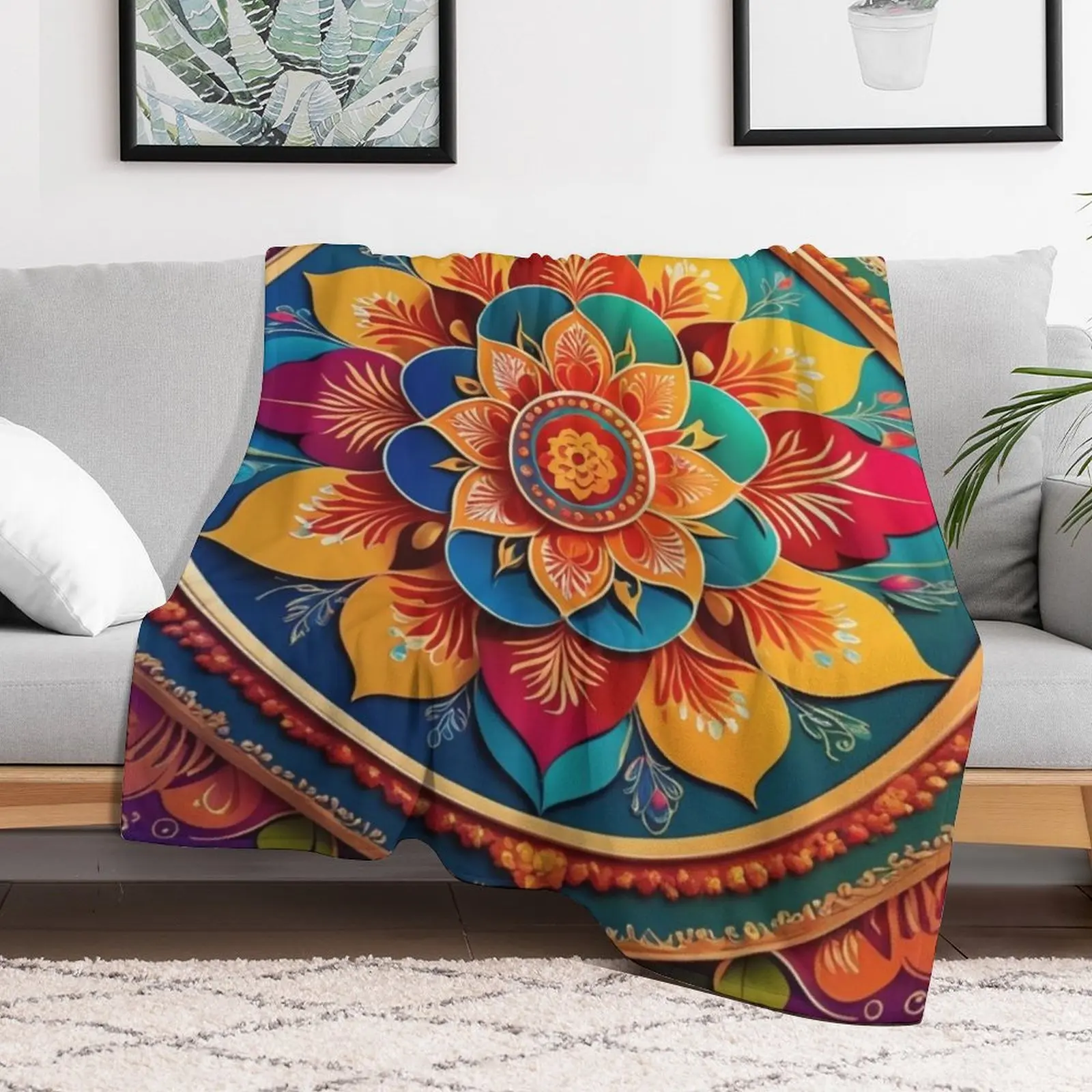 Diwali Rangoli Firecrackers Diya Throw Blanket