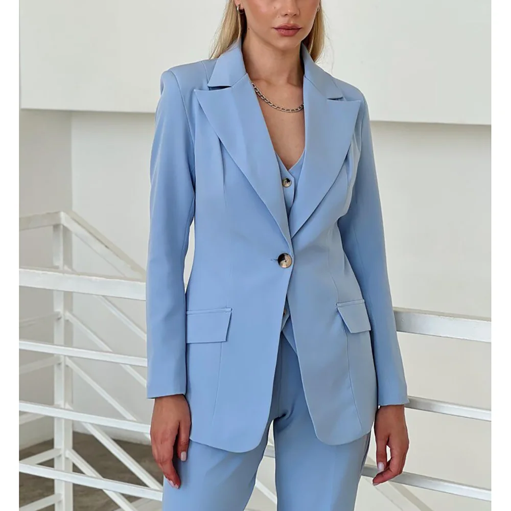 

Blue Single Button Peaked Lapel Woman Suits 3 Pieces Blazer+Pants+Vest Set Formal Party Sets Office Lady Wedding Party Sets