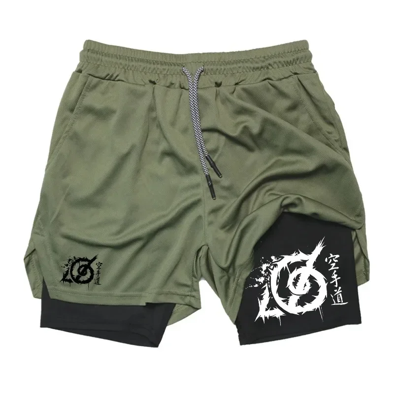 

Karate Graphic 2 in 1 Workout Running Shorts for Men Gym Athletic Sport Shorts with Compression Liner Phone Pocket Towel Loop