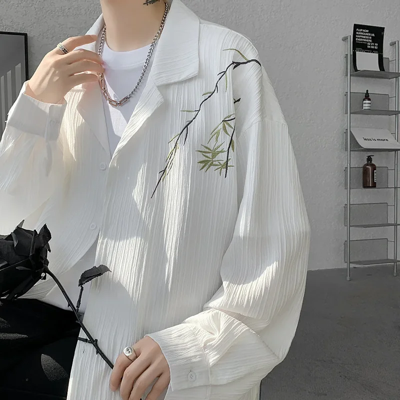 Chinese Style Men's Wear Shirt 2024 Coat Men's Design Sense Senior Embroidery Long Sleeve Shirt Drape Texture T Shirt for Men