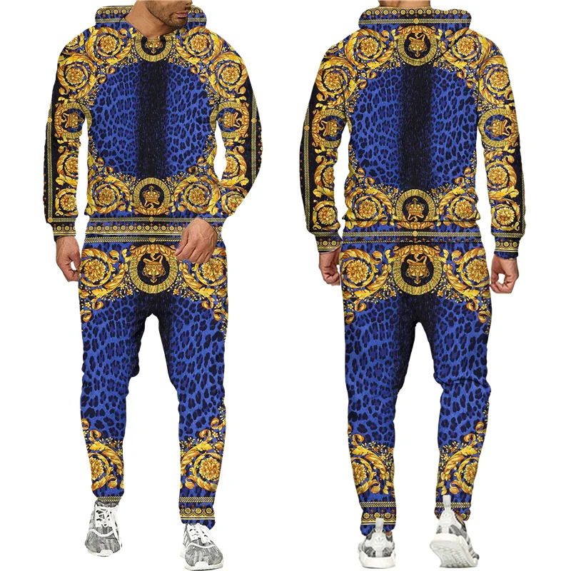 Chándal con estampado 3D de león dorado para hombre y mujer, Sudadera con capucha de cuello redondo y pantalones de talla grande, S-7XL Harajuku