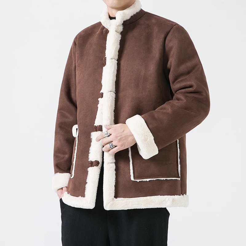 Jaqueta de Hanfu acolchoada de algodão estilo chinês masculino, casaco grosso quente, parkas de peles artificiais soltas, forro de lã, masculino, outono, inverno