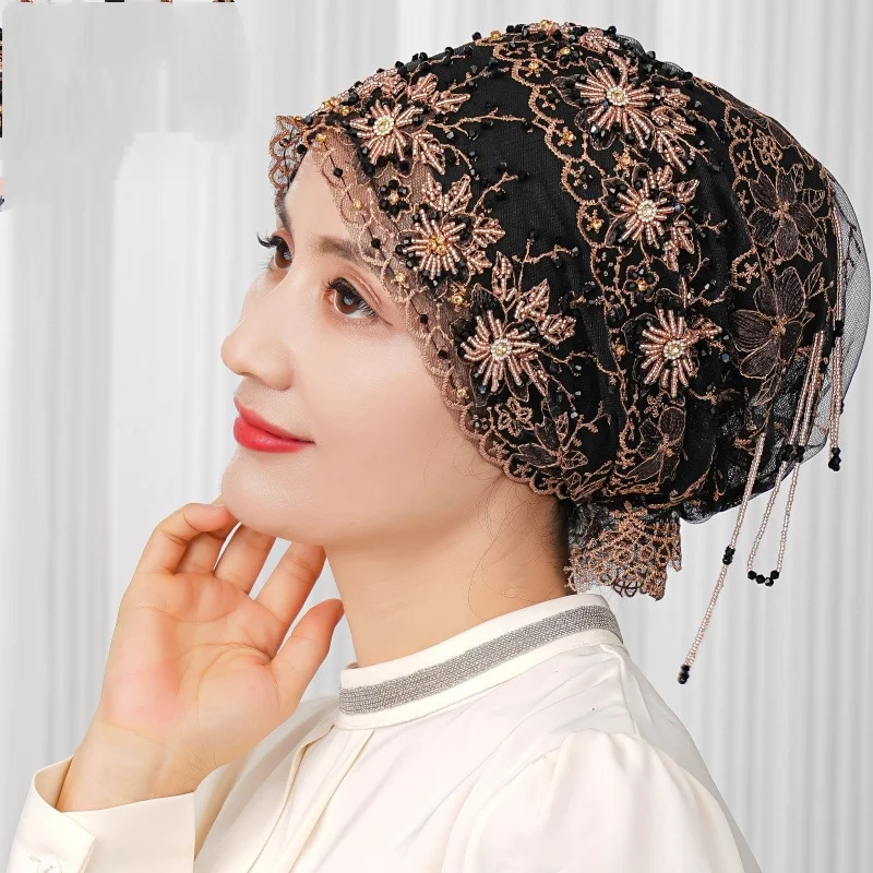 

Handmade Tassel Lace Turban Hijab Hat Women Soft Hair Loss Cover Cap Beanie Breathable Lady Head Wrap Scarf All Match Head Cover
