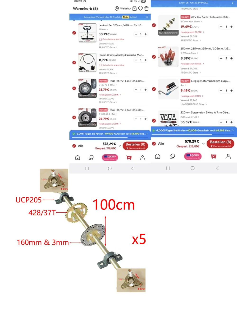 23T ATV Quad rueda de 6 pulgadas 285mm R cubiertas de resorte Go Karting UTV Buggy pinza de freno volante brazo asy kits