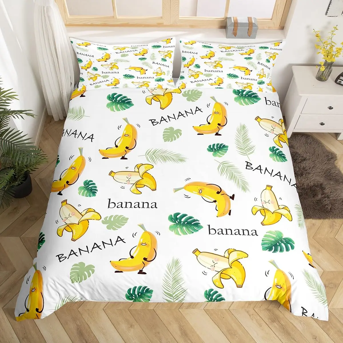 Yellow Banana Print Duvet Cover Set Fruit Theme Bedding Set Tropical Plant Comforter Cover Funny Cartoon Style Bedspread Cover