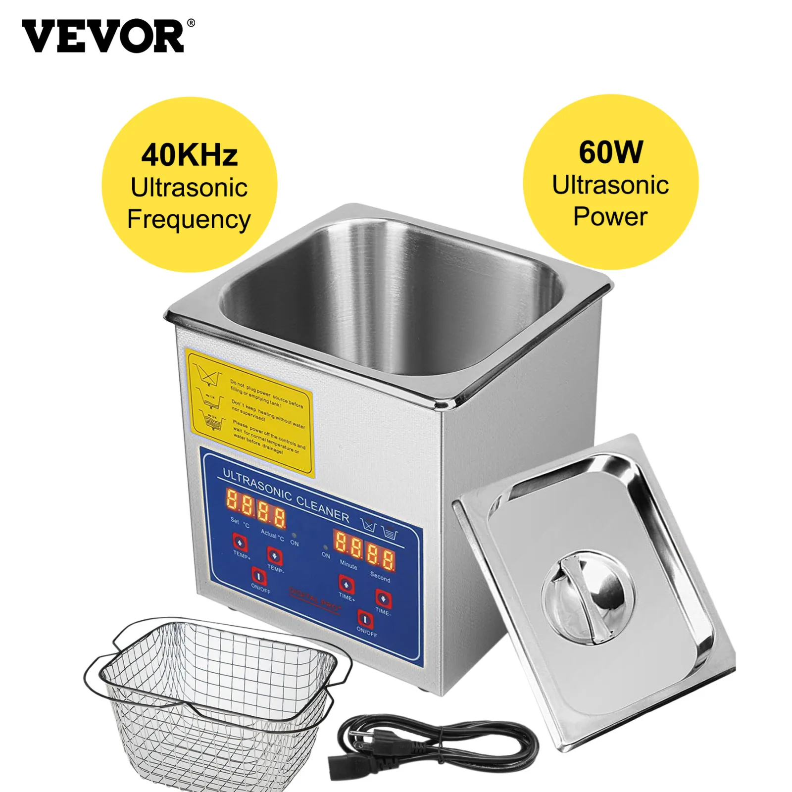 

VEVOR 2L Ultrasonic Cleaner 60W Heated Timer Stainless Steel 40Khz Ultrasonic Cleaning Machine with Basket For Jewelry Glasses