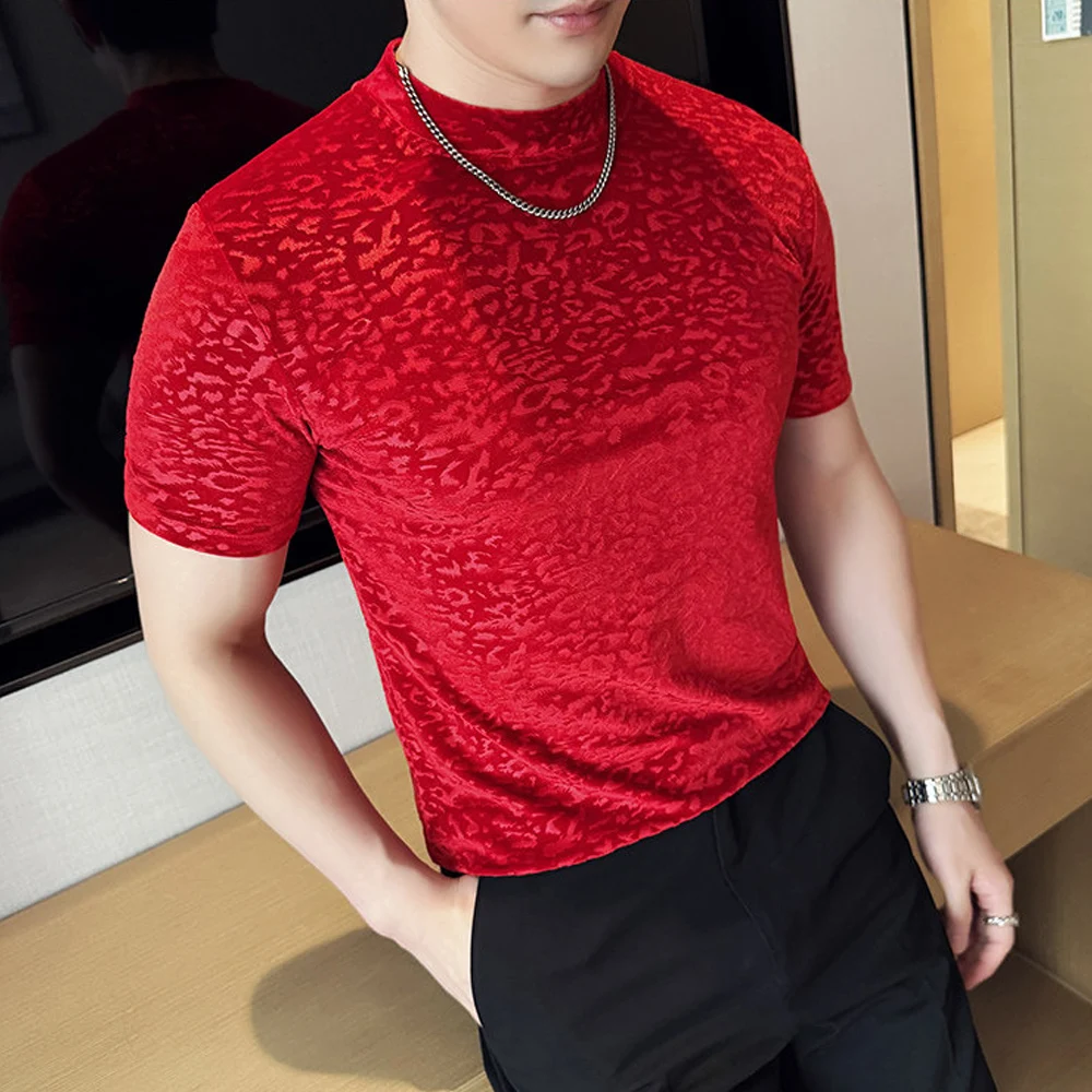 Men's Leopard Velvet T-shirts Short Sleeve Mock Neck Jacquard Bottoming Shirt Man Sexy Stage Slim Fit Stretch Base Tees Tops