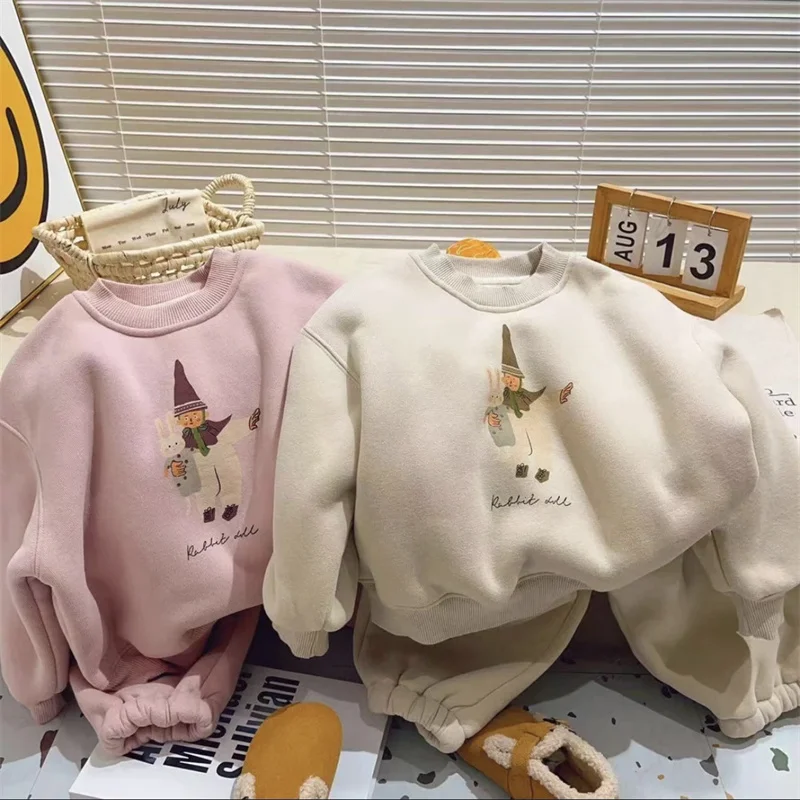 Kinder Winter Warme Anzüge Bequeme Freizeitkleidung Langarm-Oberteil+Hose 2-teiliges Outfit Mädchen Niedlicher Druck Dicke Thermische Kleidungssets