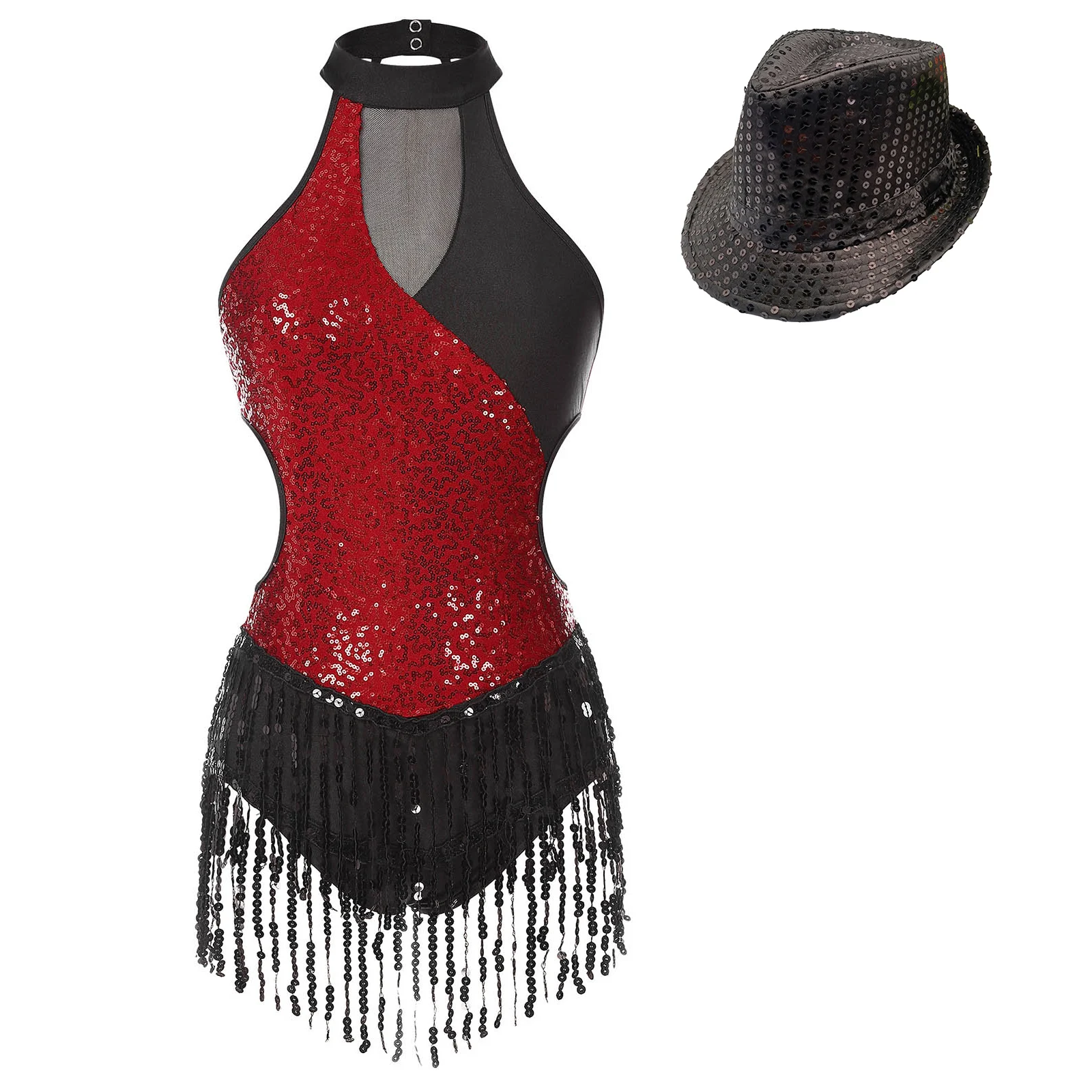 

Womens Latin Cha-Cha Leotard Dress Sleeveless Color Block Patchwork Sparkling Sequin Fringed Bodysuit Dance Performance Costume