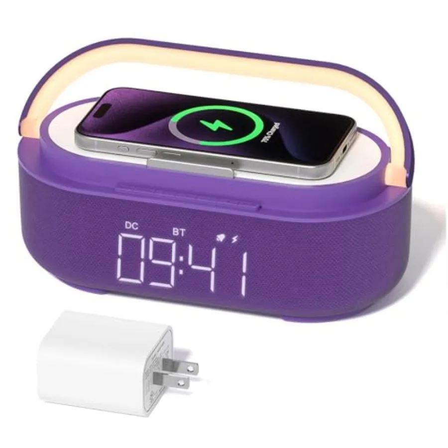 

Bluetooth Speaker Alarm Clock with Wireless Charger FM Radio Adjustable LED Night Light 6 in 1 Bedroom Portable Speaker 2500mAh