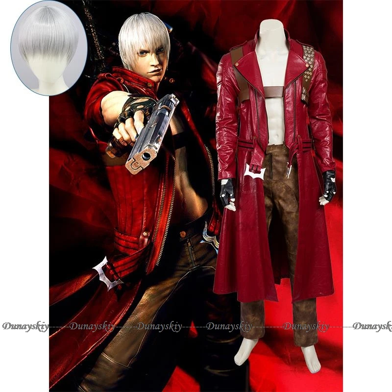 

Devil Cos May Cry 3 Cosplay Costumes Dante Men's Game Uniforms Wig Red Long Poncho Jacket Set Halloween Carnival Costumes