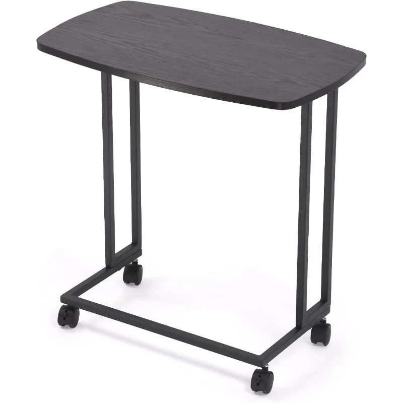 

C Shaped End Table Black Wooden End Table for Couch Sofa Side Table Metal Frame TV Trays with Detachable Wheels