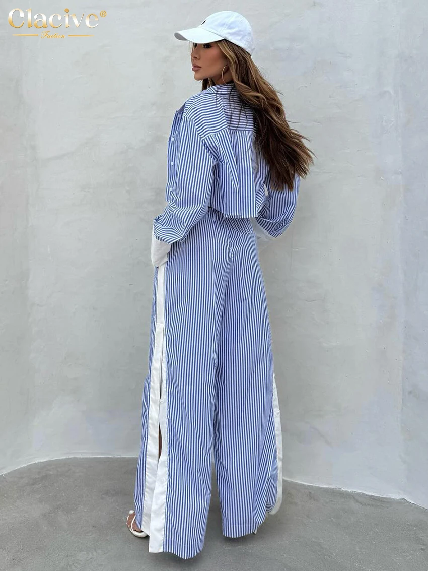 Clacive Fashion Loose Blue Stripe 3 Pieces Set For Woman Elegant Long Sleeve Shirt + Bra With High Waist Wide Pants Set Female