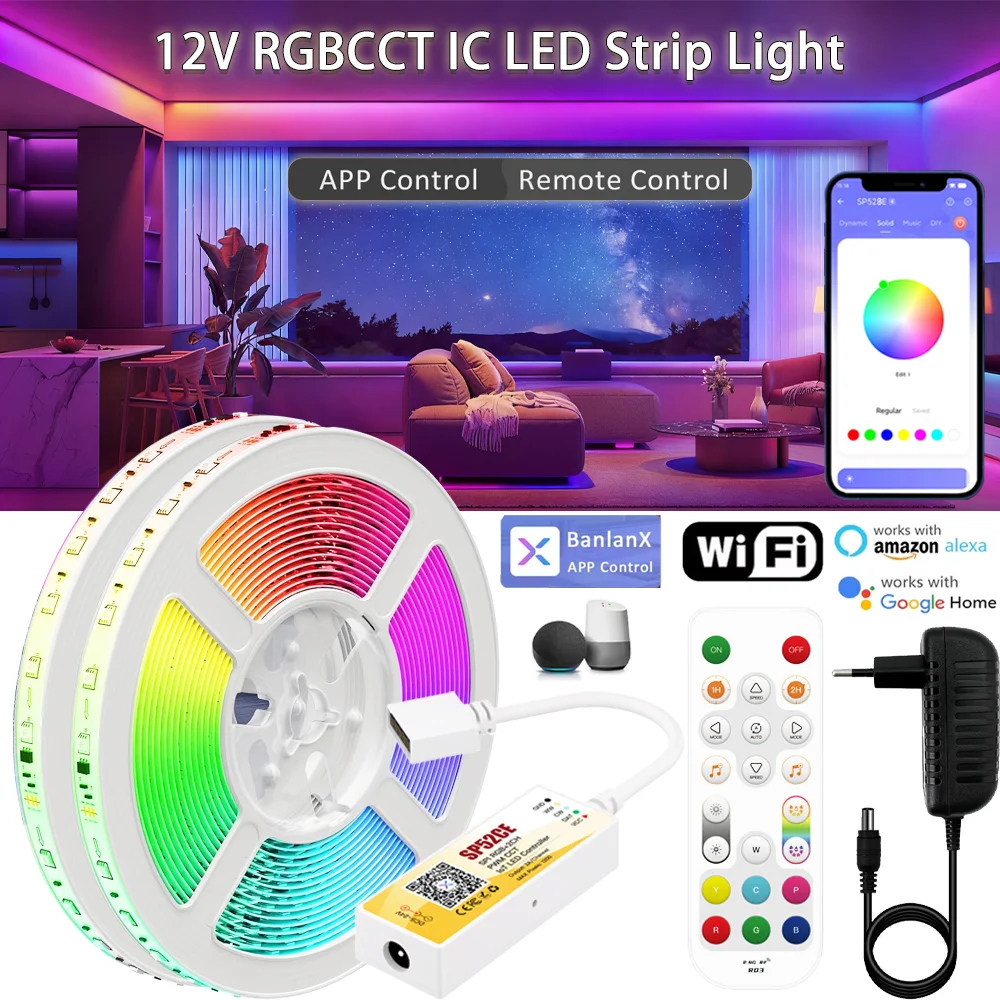 Wifi Smart Controller 12V RGBCCT LED Strip Light Dream Color Addressable Party Game Light RF Remote Home Decor Lighting Google