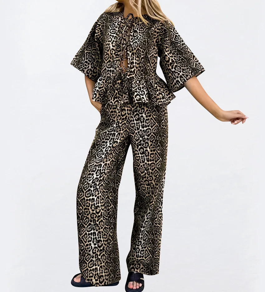 

Fashion Leopard Casual Long Pants Outfit Spring Women Three Quarters Sleeve Lace Up Top+High Waist Trousers Summer Two Piece Set