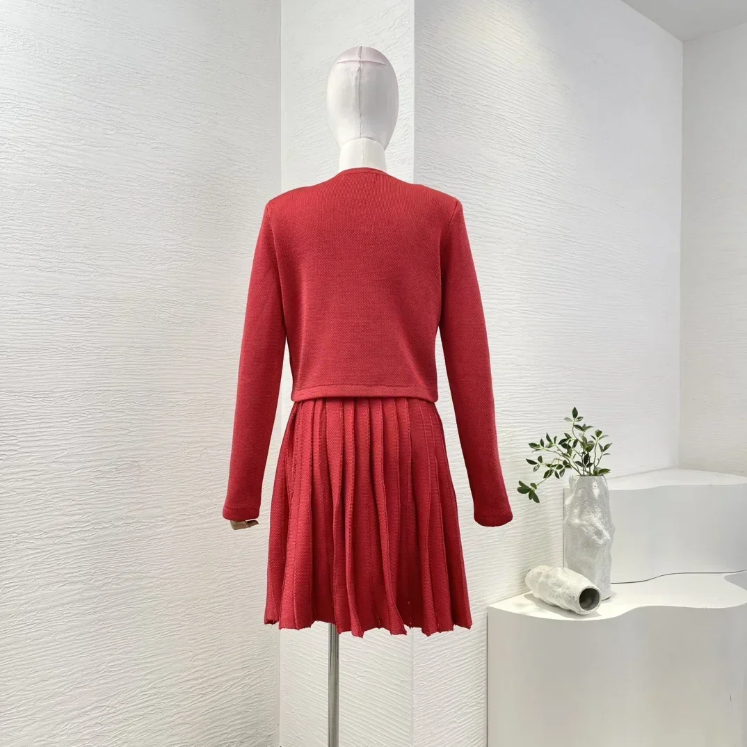 High Quality 2024 Autumn Red Long Sleeve Tweed Jacke Tred Pleat Ruched Skirt Women‘s Set New