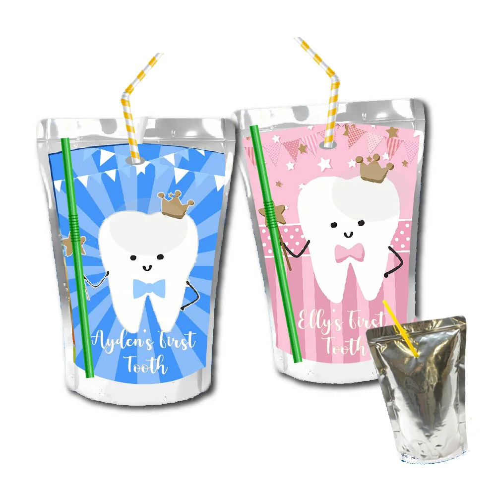 First Tooth Boy Girl Juice Pouch Labels Soap Bubble Favor Tag Chip Bag Candy Box Bottle Stickers Birthday Party Christmas Decor