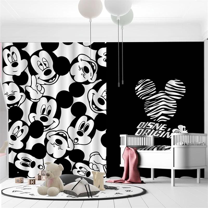 MINISO Curtains Cartoon Black and White Mickey Mouse Full Blackout Children\'s Room Curtains Bedroom Soundproof Sunshade Cute