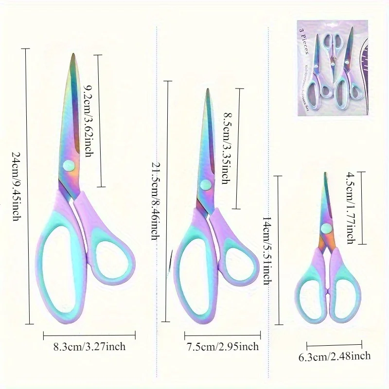 3pcs Colorful Craft Scissors Set - Sharp Titanium Blades with Soft Rubber Grip Handles,