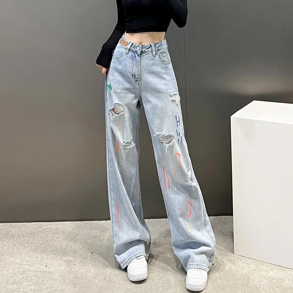 Design Sense Colored Drawn Hole High Waist Wide Leg Straight Leg Jeans Spring/Summer 2023 New Loose Fit