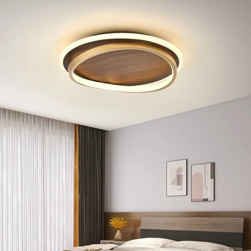 

Nordic ultra-thin solid wood bedroom living room led ceiling light new Chinese walnut log aisle light stepless dimming
