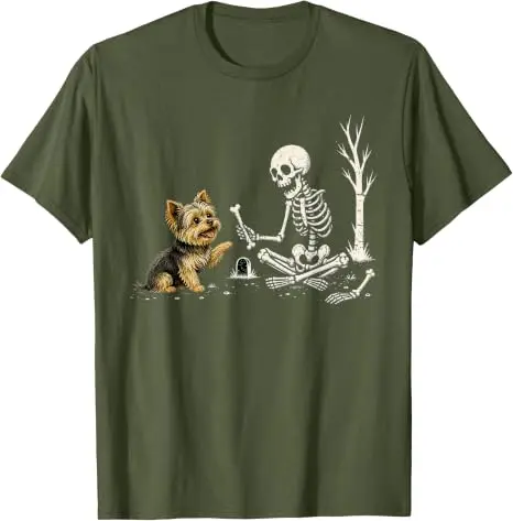 Lustiges Yorkie-Skelett und Halloween-Kostüm-Totenkopf-T-Shirt Y2K Niedlicher Welpe Hund Papa Mama Grafik-Bekleidung Halloween Haustierliebhaber-T-Shirts – Detail 10