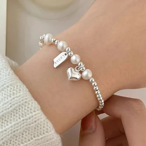 

Real 925 Sterling Silver Pearl Bead Heart Pendant Charm Bracelets for Women Minimalist Cute Fine Jewelry Accessories