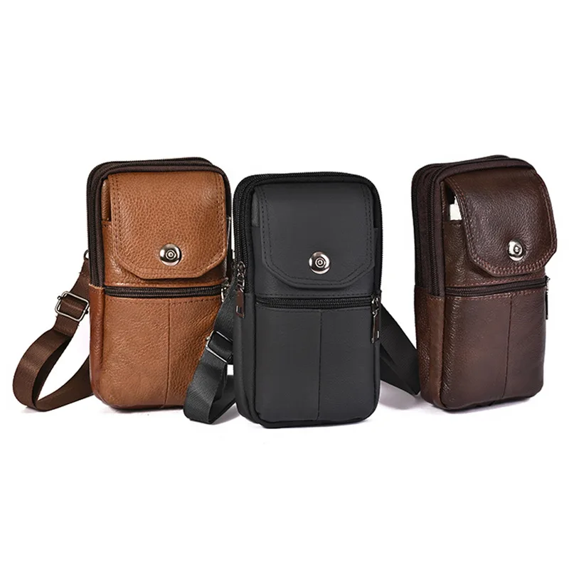 2023 Men\'s Messenger Bag Cowhide Leather Bag Mobile Phone Pouch Men Wallet Small Travel Waist Bag Male Multi-Pockets Chest Bag